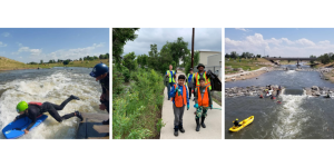 Three images: 1 of a young person boogie boarding on the South Platte 2 is of a group of volunteers smiling as they clean up the trail. Two youth under age 10 are in the front and wearing orange vests. 3 - a photo from high-up of kayakers in the South Platte going over a small water feature.