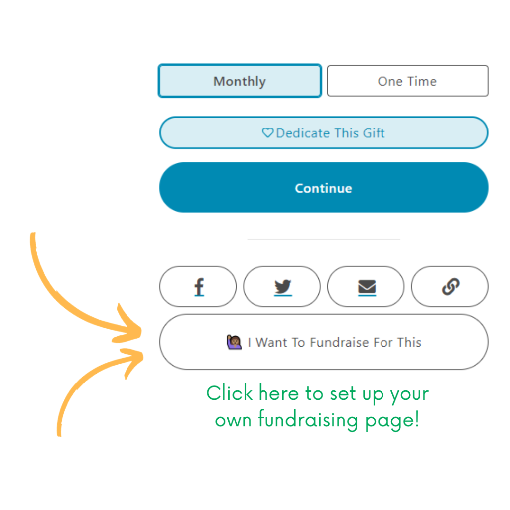 Graphic showing where to click on the donation page. There are two arrows pointing to "I want to fundraise for this."