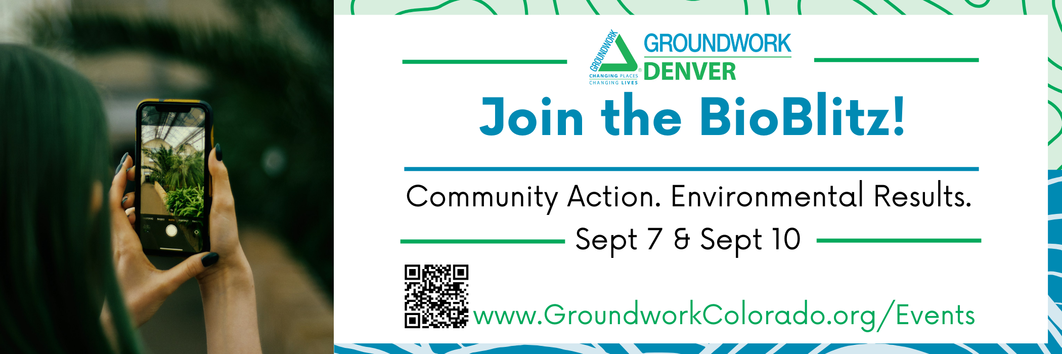 Header graphic with text that is repeated below. Includes an image of someone taking a photo of a plant using their phone.